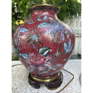 Vintage Cranberry Red Floral Enamel Glass Table Lamp – 26" Tall Cloisonné Style